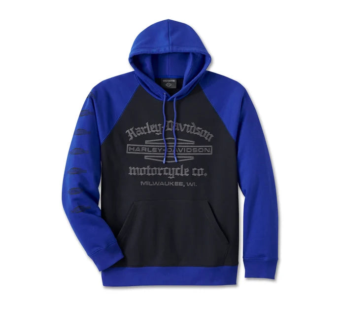 Men's Old English Stacked Bar & Shield Raglan Hoodie - Colorblocked - Ombre Blue & Harley Black - Harley Davidson