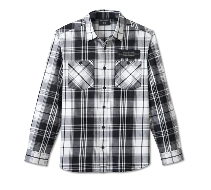 Men's Stacked Bar & Shield Long Sleeve Plaid Shirt - Plaid - Harley Black & Cloud Dancer - Harley Davidson