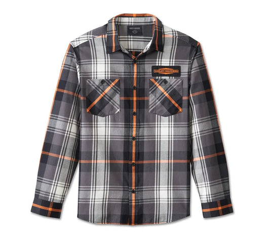 Men's Stacked Bar & Shield Long Sleeve Plaid Shirt - Plaid - Harley Black & Blackened Pearl - Harley Davidson