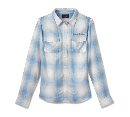 Women's Stacked Bar & Shield Long Sleeve Viscose Shirt - Plaid - All Aboard & Vapor Blue | Harley-Davidson