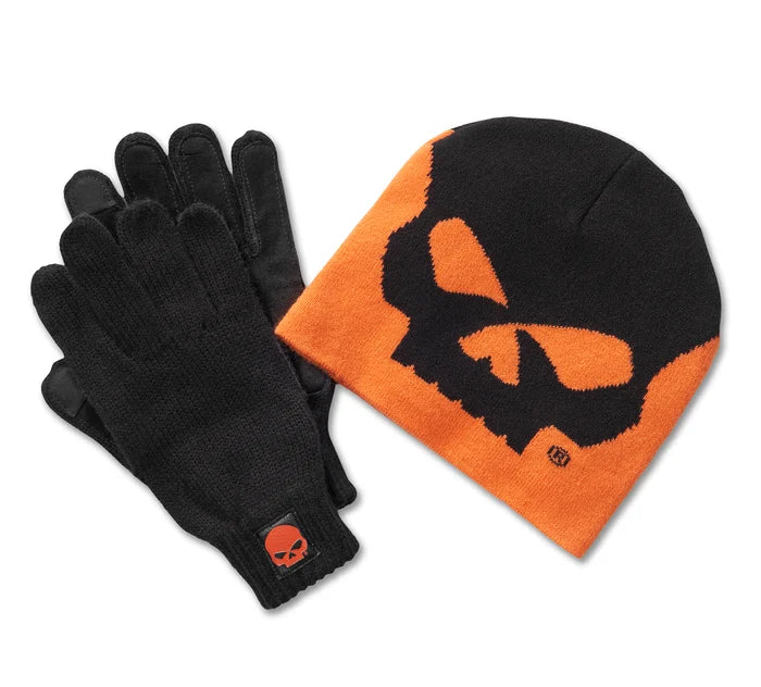 Willie G Skull Beanie and Glove Gift Set - Harley Orange - Harley Davidson