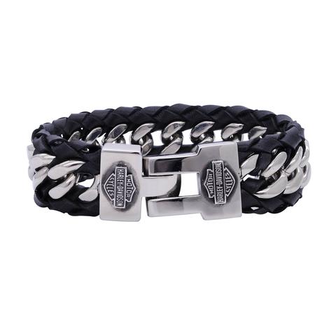 Men's Steel Curb Link & Black Leather Bracelet | Harley-Davidson