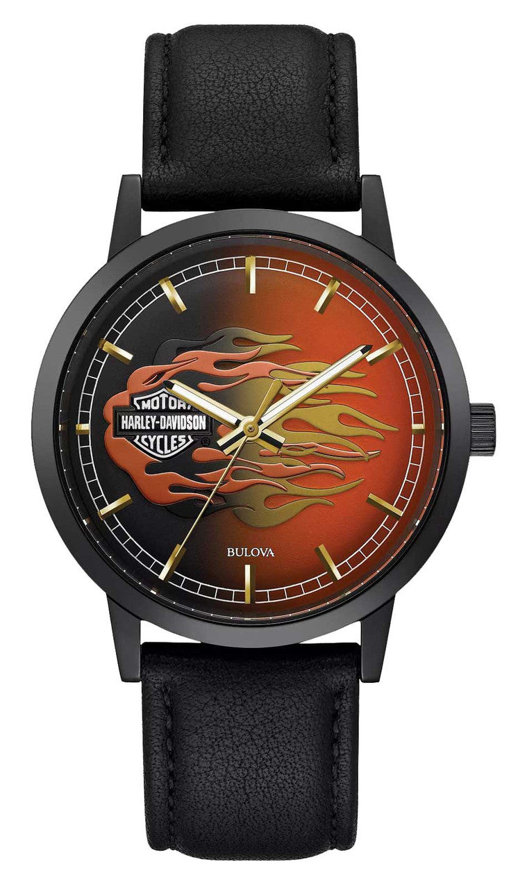 Men's Flames Embody B&S Stainless Steel Case Leather Strap Watch | Harley-Davidson