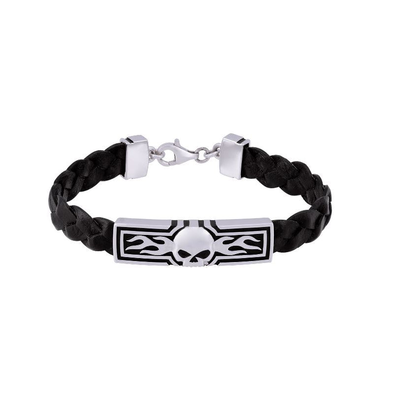 Men's Flaming Skull Braided Leather Bracelet | Harley-Davidson