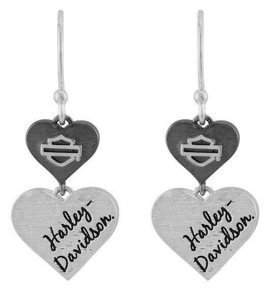 Women's Black & Silver Double Heart B&S Drop Earrings | Harley-Davidson