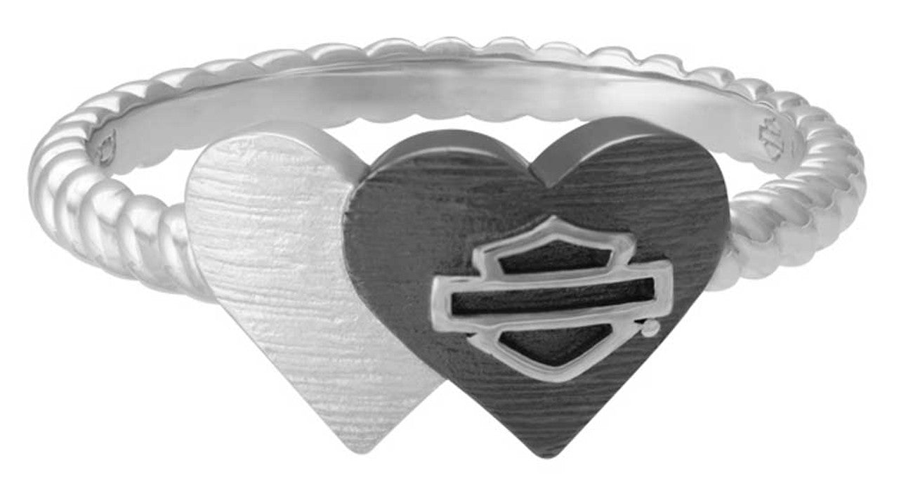 Womens Black & Silver Double Heart Sterling Silver Ring | Harley-Davidson